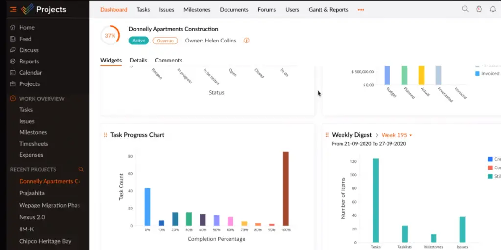 Widgets of Zoho Projects