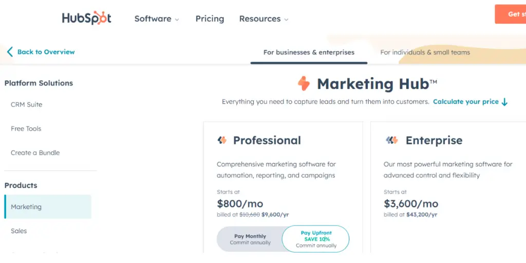 Yearly pricing of Hubspot