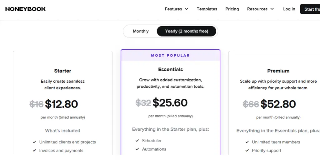 Yearly Pricing of Honeybook