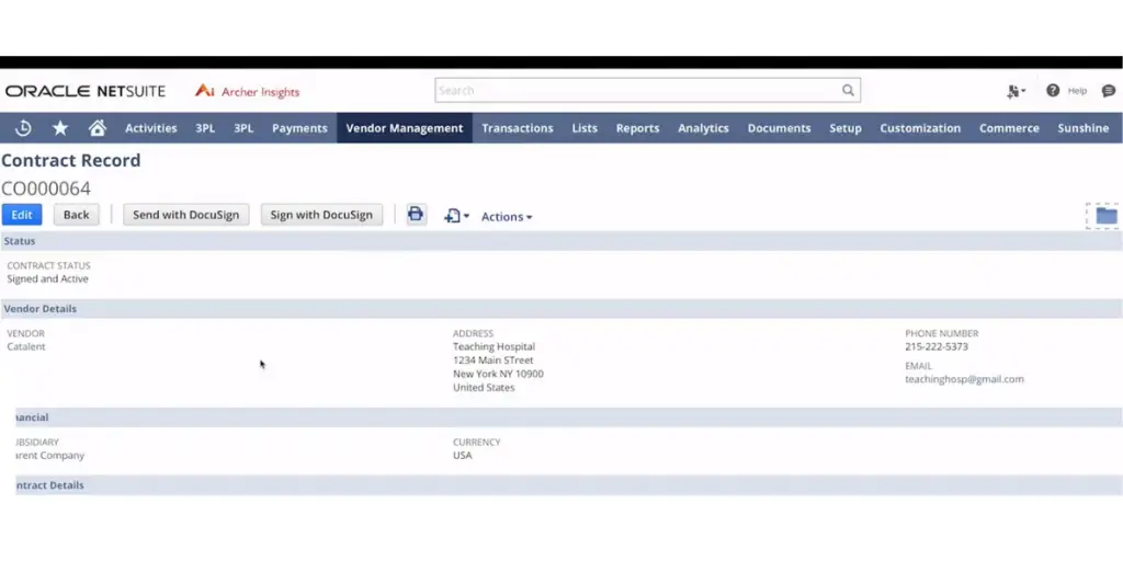 Contract Record NetSuite Account