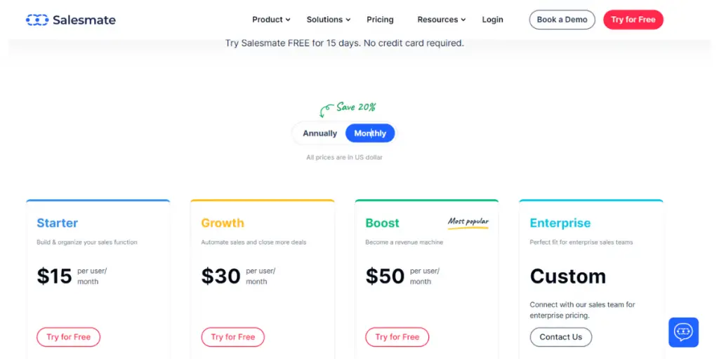 Salesmate Monthly Pricing 