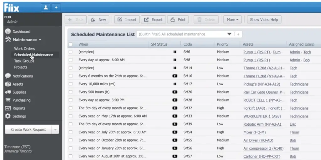Scheduled Maintenance List of Fiix