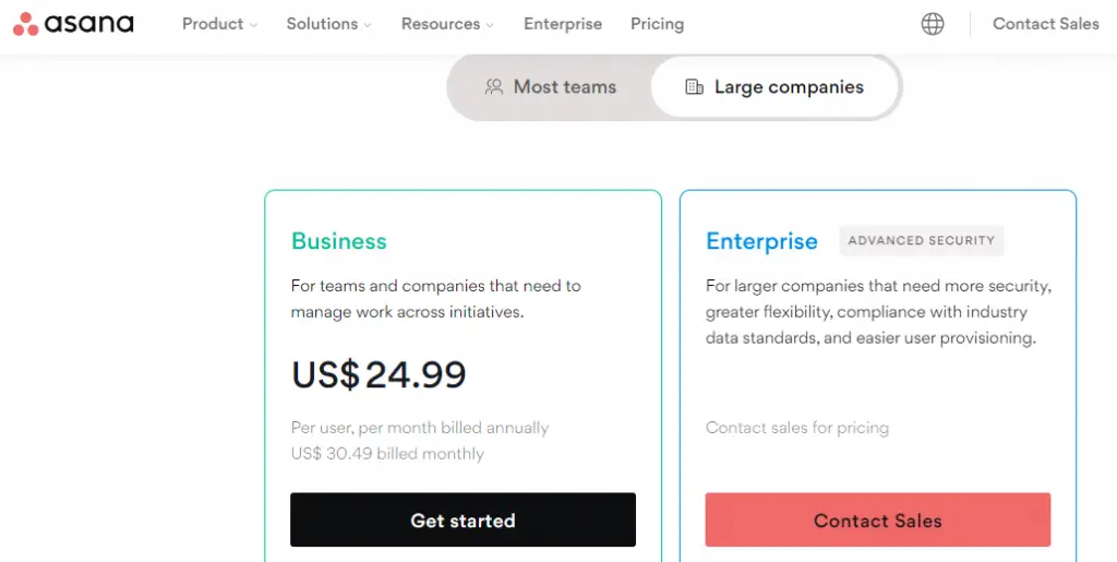 Large Companies Pricing Of Asana