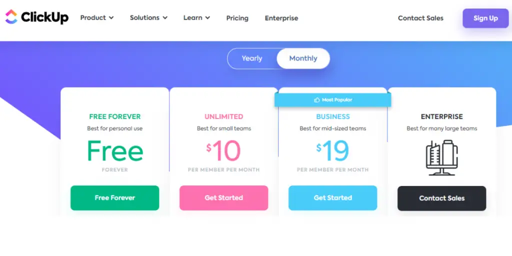 Monthly Pricing Of Clickup
