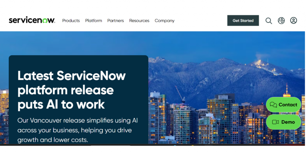 Webpage of ServiceNow