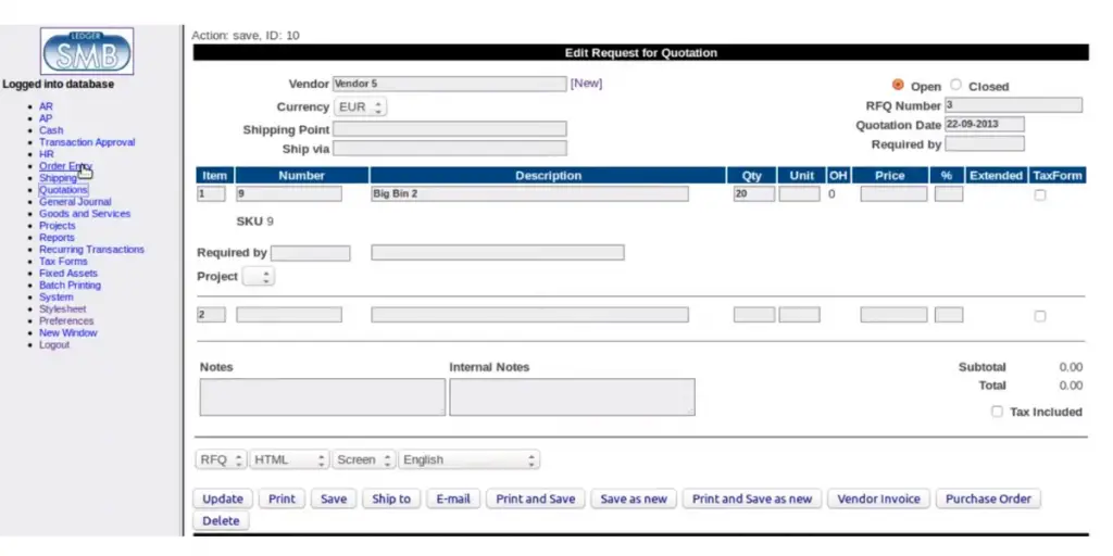 Request for Quotation  of LedgerSMB