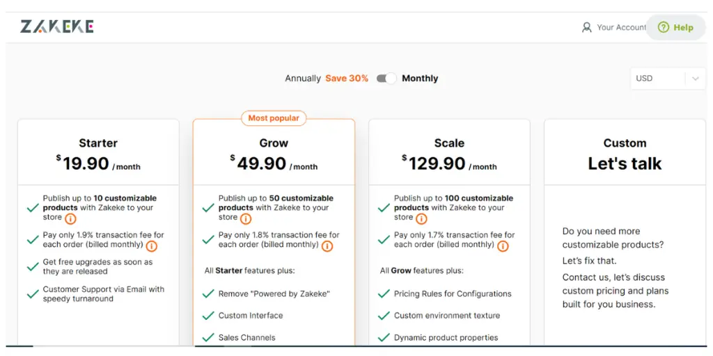 Pricing of Zakeke