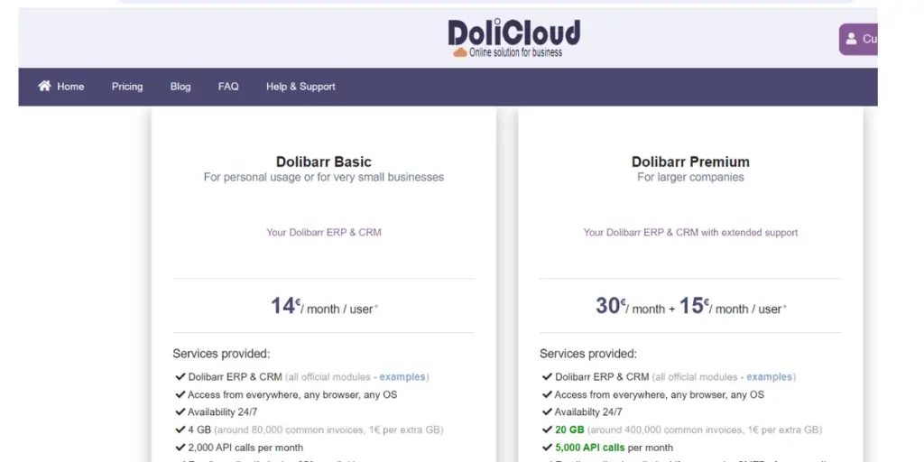 Pricing of DoliCloud