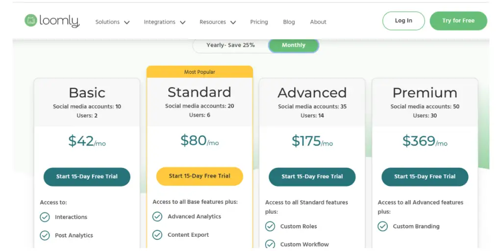 Monthly pricing of Loomly