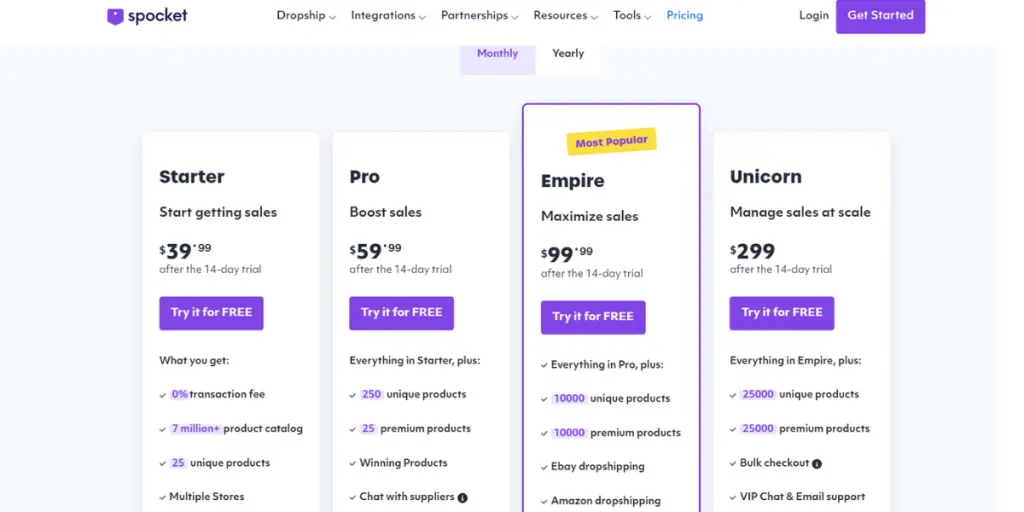 Monthly Pricing sheet of Spocket