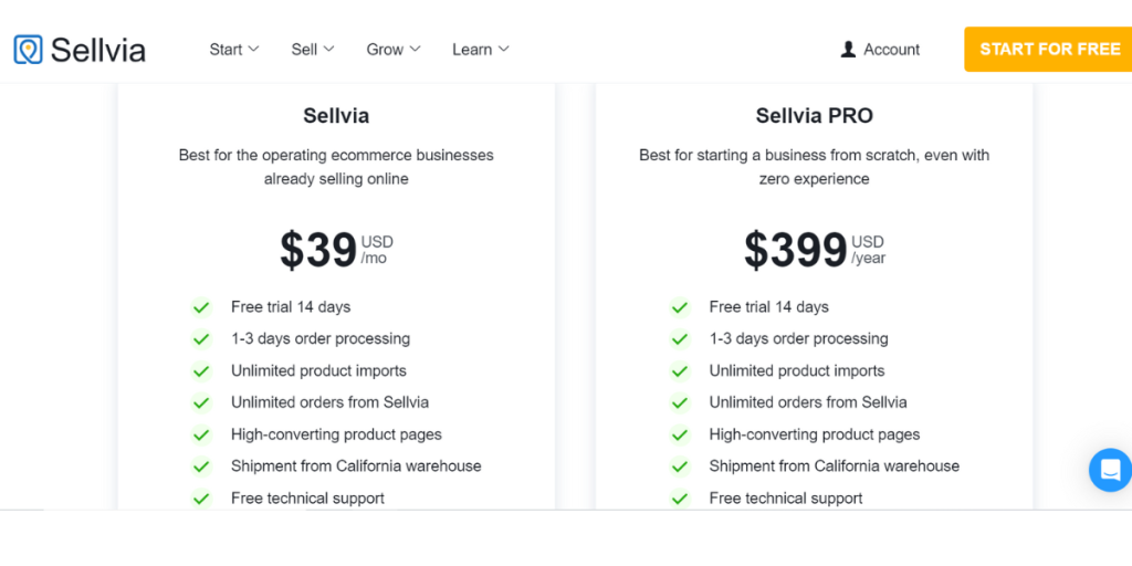 Pricing sheet of Sellvia