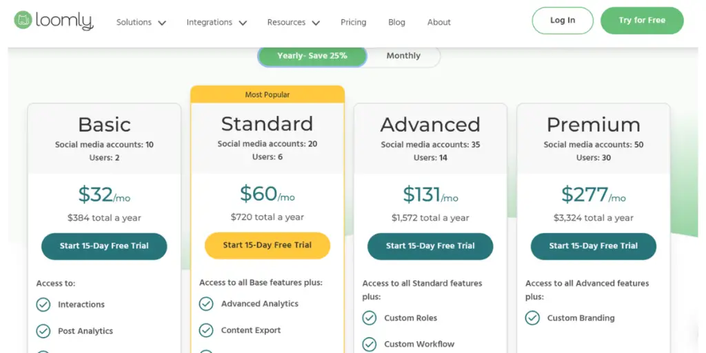Yearly pricing of Loomly