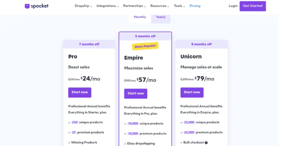 Yearly Pricing view of Spocket