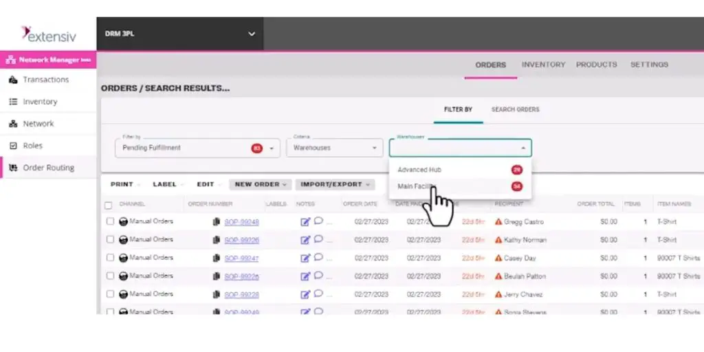 Orders page view of Extensiv