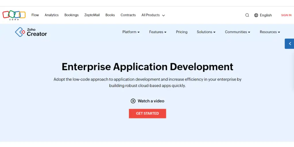 Webpage of Zoho