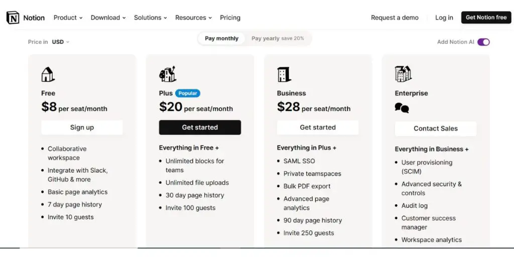 Monthly Pricing Notion AI