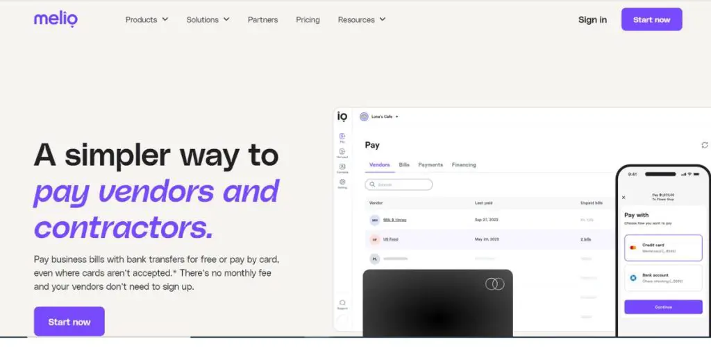 Webpage of Melio