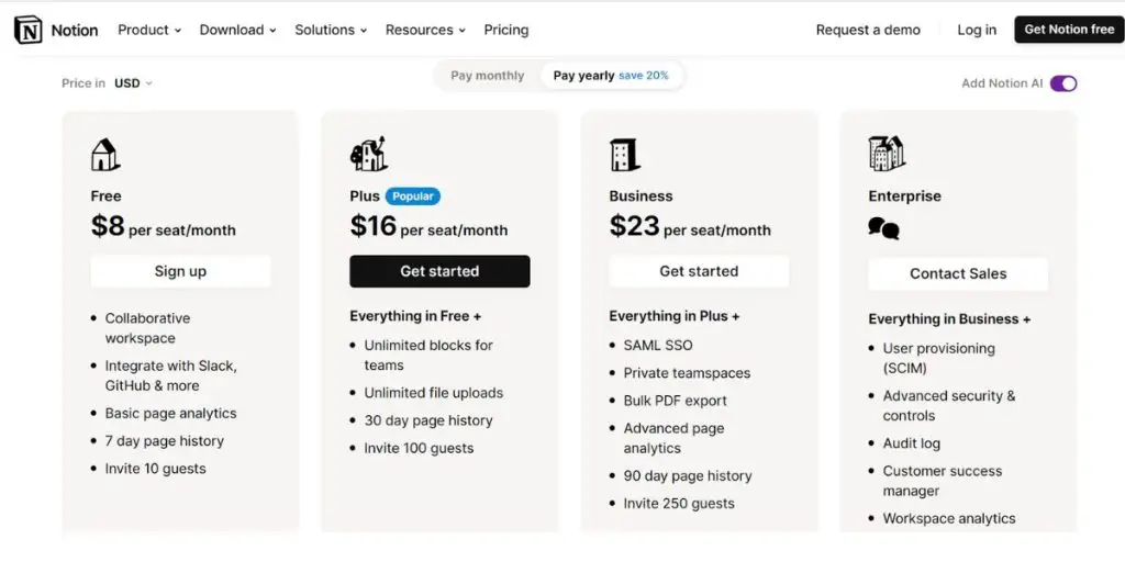 Yearly Pricing Notion AI
