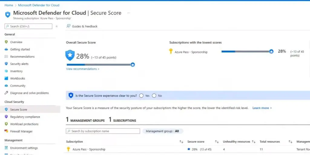 Secure score of defender